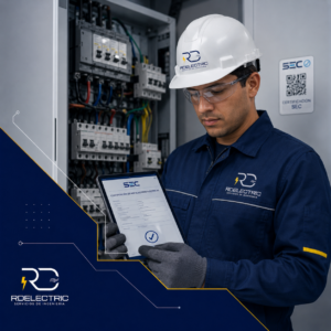 Ingeniero de RD Electric emitiendo un certificado SEC de instalación eléctrica frente a un tablero