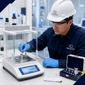 Técnico de RD Electric calibrando una balanza analítica de precisión con pesas patrón certificadas en laboratorio