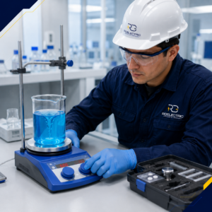 Técnico de RD Electric verificando un agitador magnético con calefacción en un laboratorio