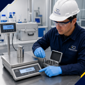Técnico de RD Electric calibrando una balanza industrial de plataforma con pesas patrón en laboratorio