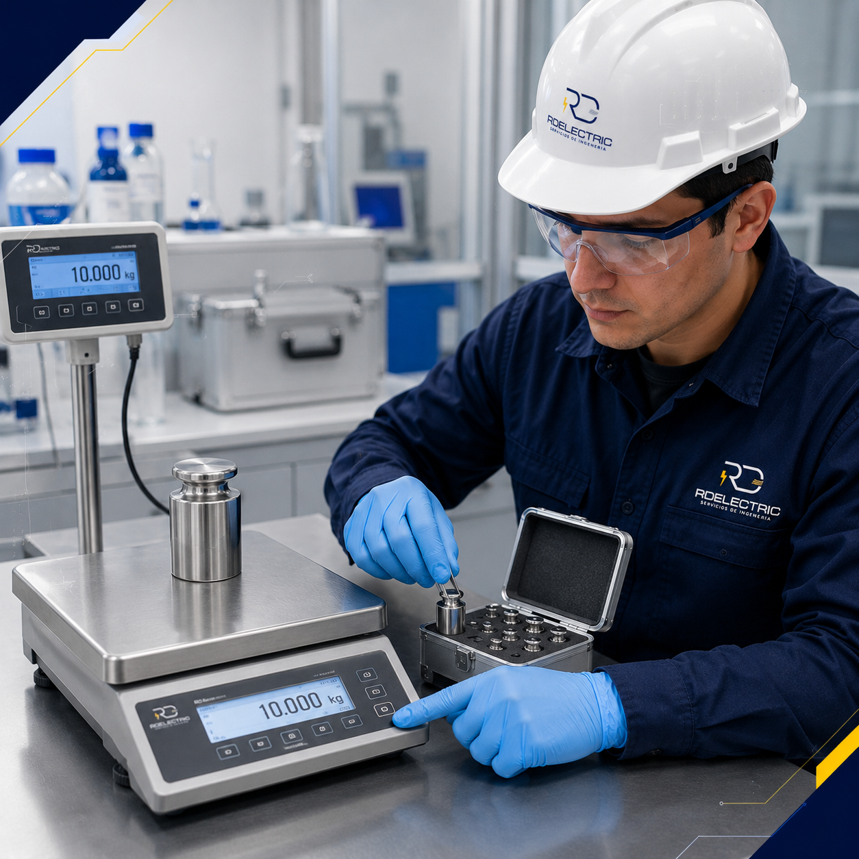 Técnico de RD Electric calibrando una balanza industrial de plataforma con pesas patrón en laboratorio