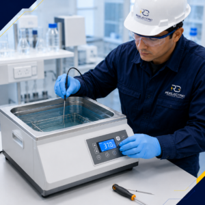 Técnico de RD Electric midiendo la temperatura de un baño termorregulado de laboratorio a 37 °C