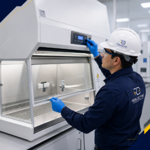Especialista de RD Electric inspeccionando un gabinete de bioseguridad clase II en un laboratorio