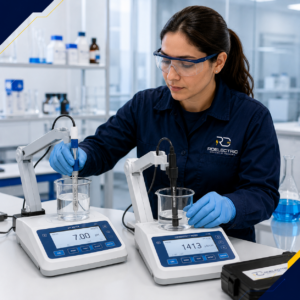 Profesional de RD Electric calibrando un pHmetro y un conductivímetro de laboratorio