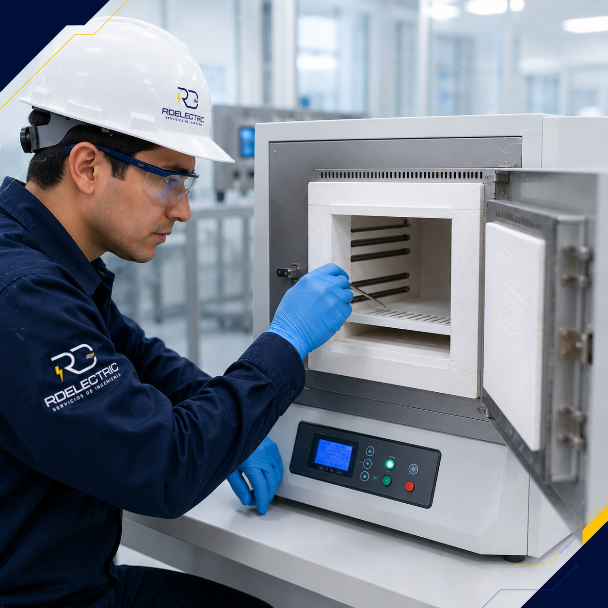 Técnico de RD Electric realizando mantenimiento a una mufla de laboratorio de alta temperatura