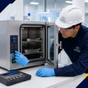 Técnico de RD Electric inspeccionando una estufa de secado de laboratorio a 105 °C