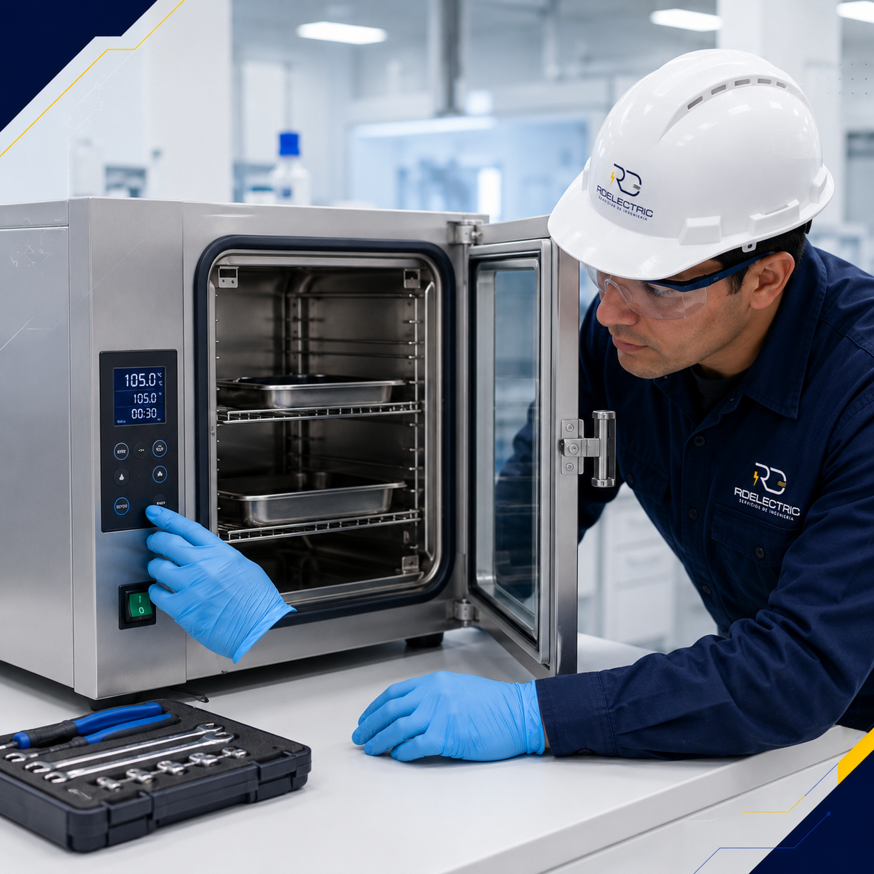 Técnico de RD Electric inspeccionando una estufa de secado de laboratorio a 105 °C