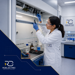 Especialista de RD Electric realizando mantenimiento a una campana de extracción de seguridad de laboratorio