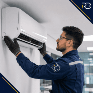 Técnico de RD Electric instalando una unidad de aire acondicionado split de muro en una oficina