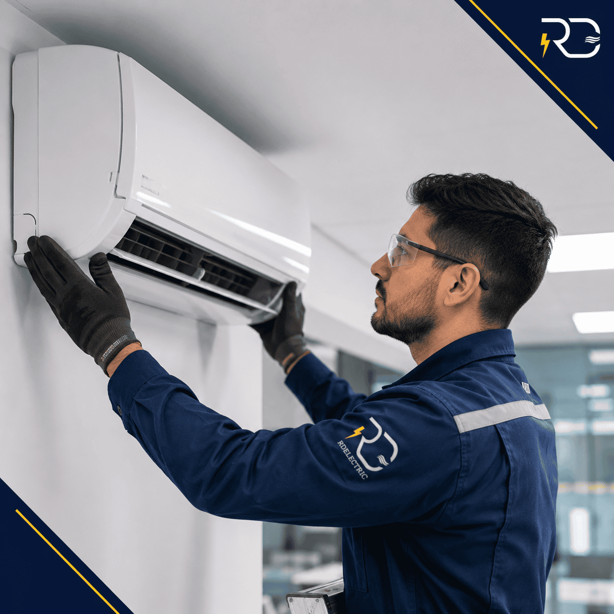 Técnico de RD Electric instalando una unidad de aire acondicionado split de muro en una oficina