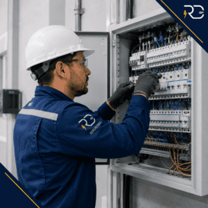 Técnico de RD Electric instalando y cableando un tablero eléctrico industrial