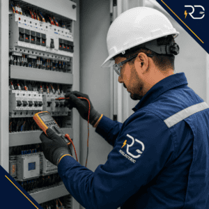 Electricista de RD Electric midiendo con multímetro durante la reparación de un tablero eléctrico