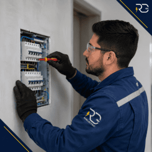 Electricista de RD Electric reparando un tablero eléctrico mural tras un cortocircuito