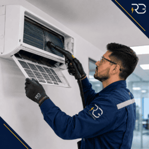 Técnico de RD Electric limpiando el evaporador de un aire acondicionado split durante el mantenimiento
