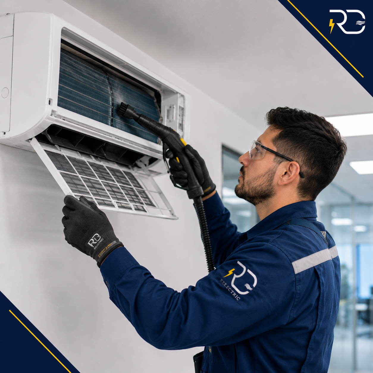 Técnico de RD Electric limpiando el evaporador de un aire acondicionado split durante el mantenimiento