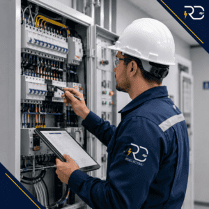Técnico de RD Electric inspeccionando y manteniendo un tablero eléctrico industrial con checklist