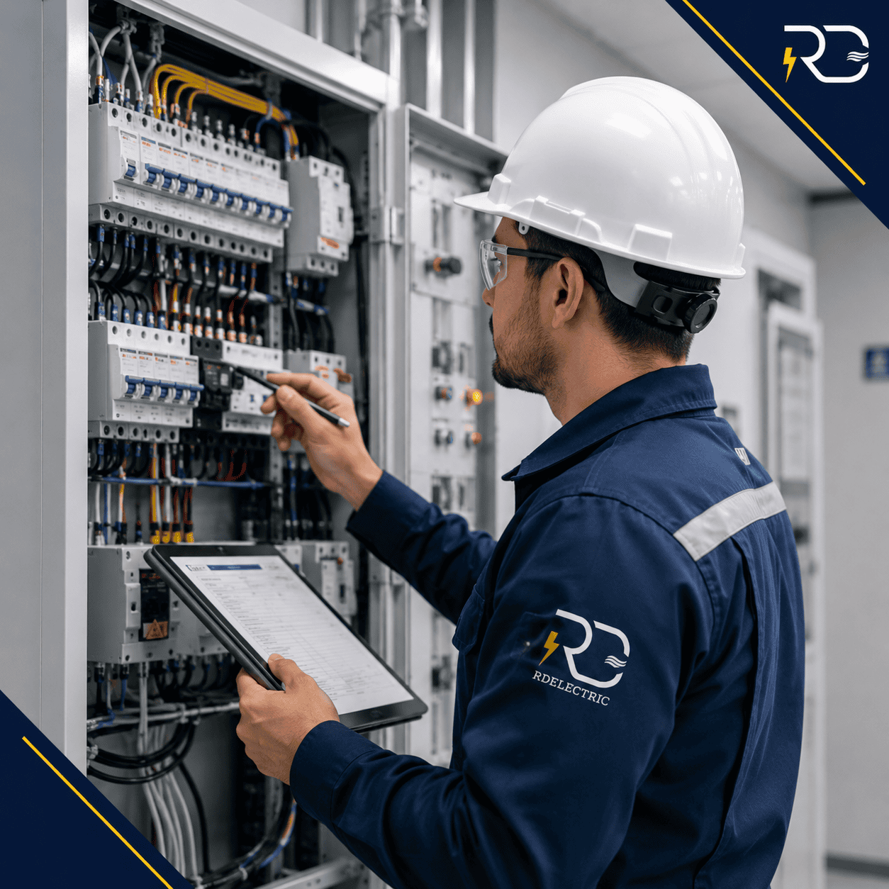 Técnico de RD Electric inspeccionando y manteniendo un tablero eléctrico industrial con checklist