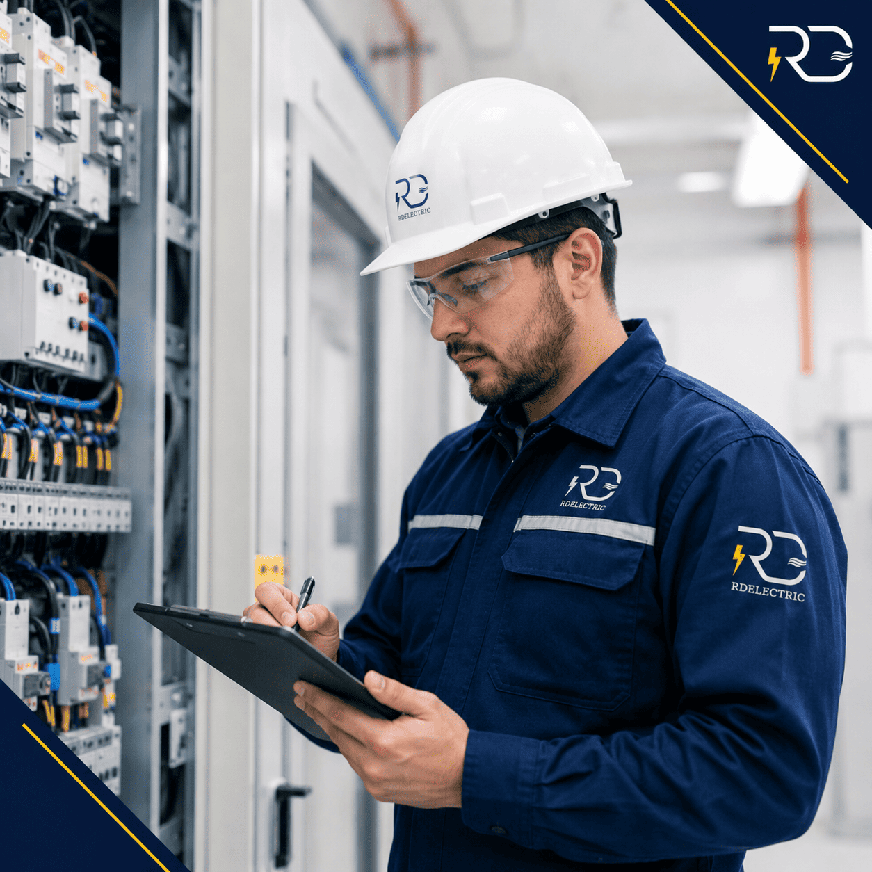 Técnico de RD Electric realizando una visita técnica e inspección de tablero eléctrico con checklist